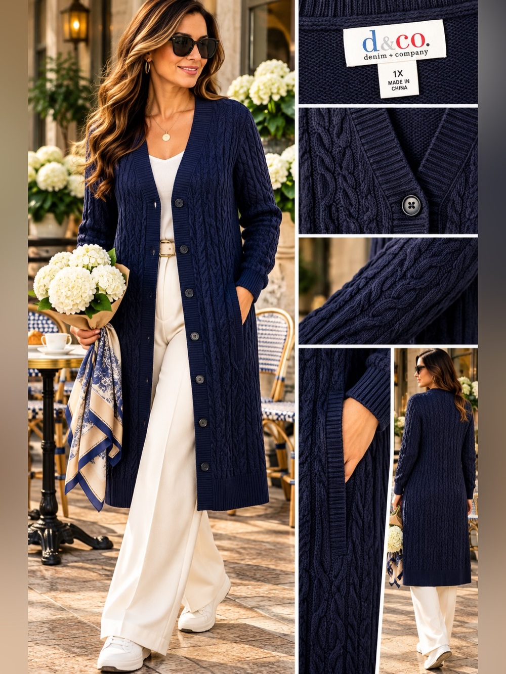 D&Co Navy Cable Knit Long Cardigan blue  – Size 1X
